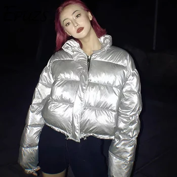 

Winter jacket women warm black silver parka coat korean long sleeve punk padded short parka 2019 lady Korean outerwear