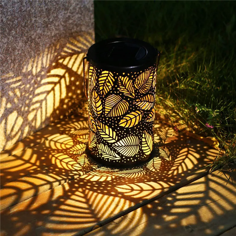 

Outdoor Night Light Solar Lantern Lights Garden Hanging Lighting Metal Leaf Pattern Lamp for Patio Outside Garden Yard