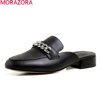 

MORAZORA 2020 newest casual shoes genuine leather simple ladies shoes comfortable square heels round toe women muels shoes