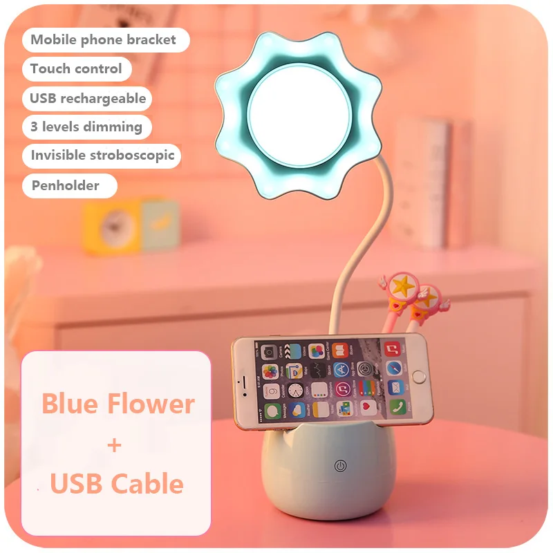 Blue Flower Милые 3 уровня диммер настольная лампа для чтения ручка чехол Прекрасный студенческий светодиодный настольная лампа для девочек USB зарядка прикроватная лампа для учебы - Цвет корпуса: Blue Flower