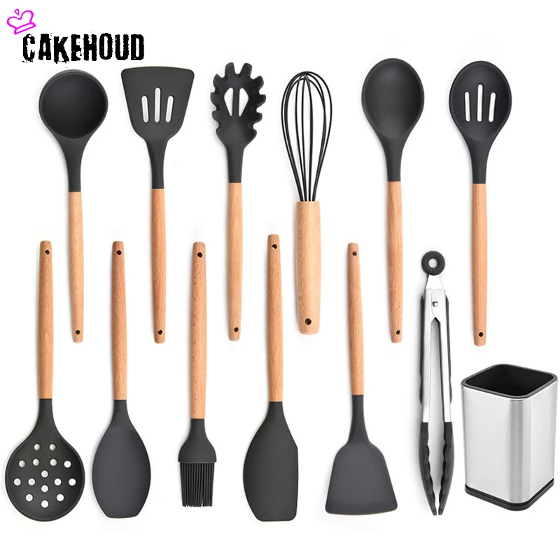 Nonstick Pan Cooking Spatula Set Wooden Handle Silicone Soup Spoon