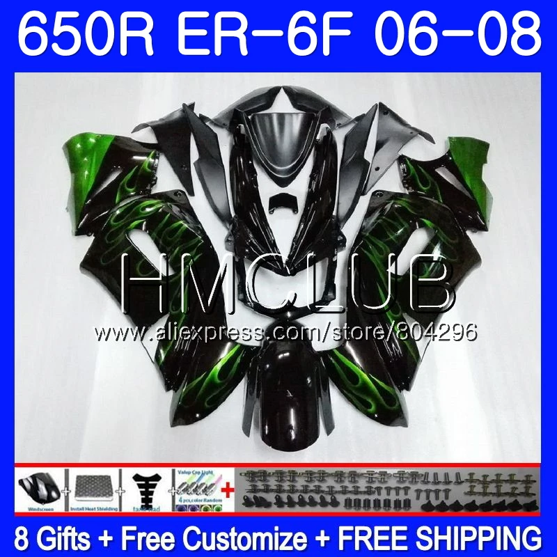 Средства ухода за кожей для KAWASAKI NINJA 650R ER6 F 650 ER 6F зеленый пламя 2006 2007 2008 12JK. 19 Ninja650R ER-6F 06 08 ER6F 06 07 08 комплект обтекателей