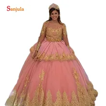 Бальное платье с золотыми аппликациями пышные платья эластичный длинный рукав розовый принцесса девушки сладкий 16 день рождения платья D1250