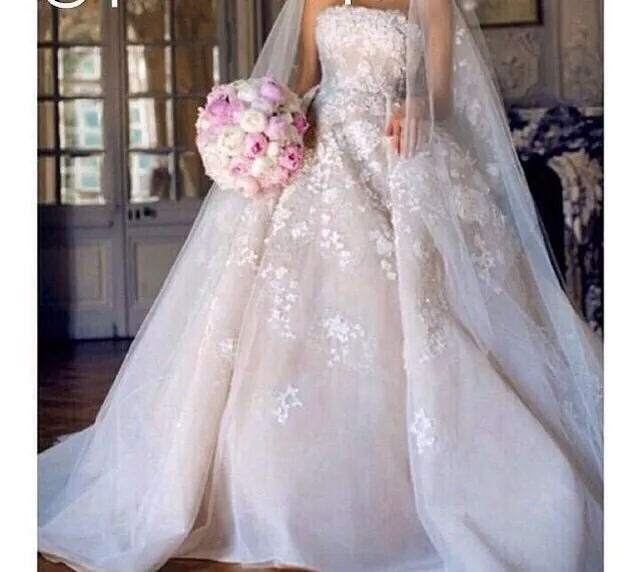 

Charming Strapless Appliqued Floral Bodice Cathedral Train A Line Wedding Dresses