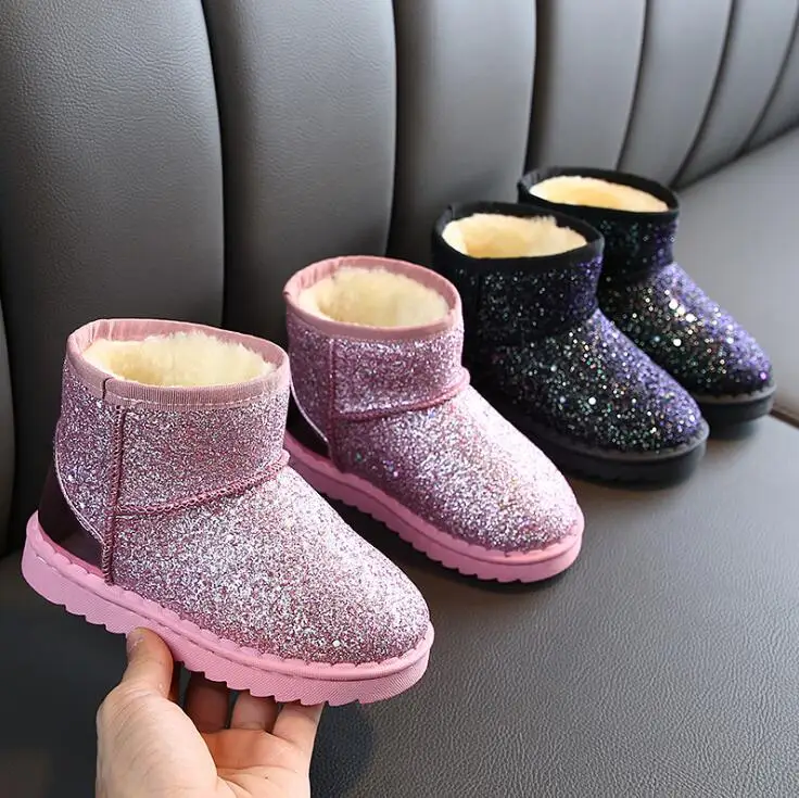 

Kids Boots Children's Rubber Boots Winter Children Thicken Plush Snow Boots Child Warm Leather Short Baby Infant Sequins shoes