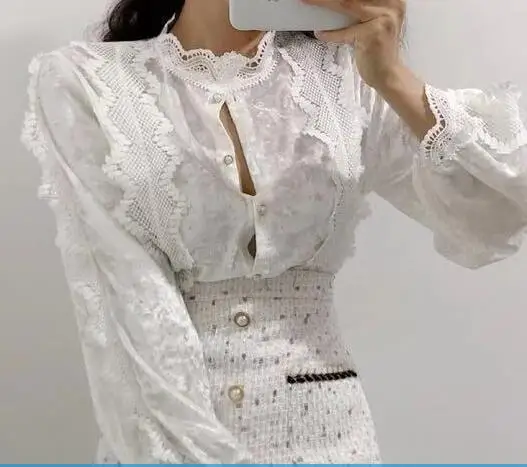 white top Элегантная женская бархатная кружевная Лоскутная Блузка, рубашка с длинным рукавом, Женский Топ, осенняя Сексуальная сорочка, женская блуза, женская рубашка - Цвет: white top