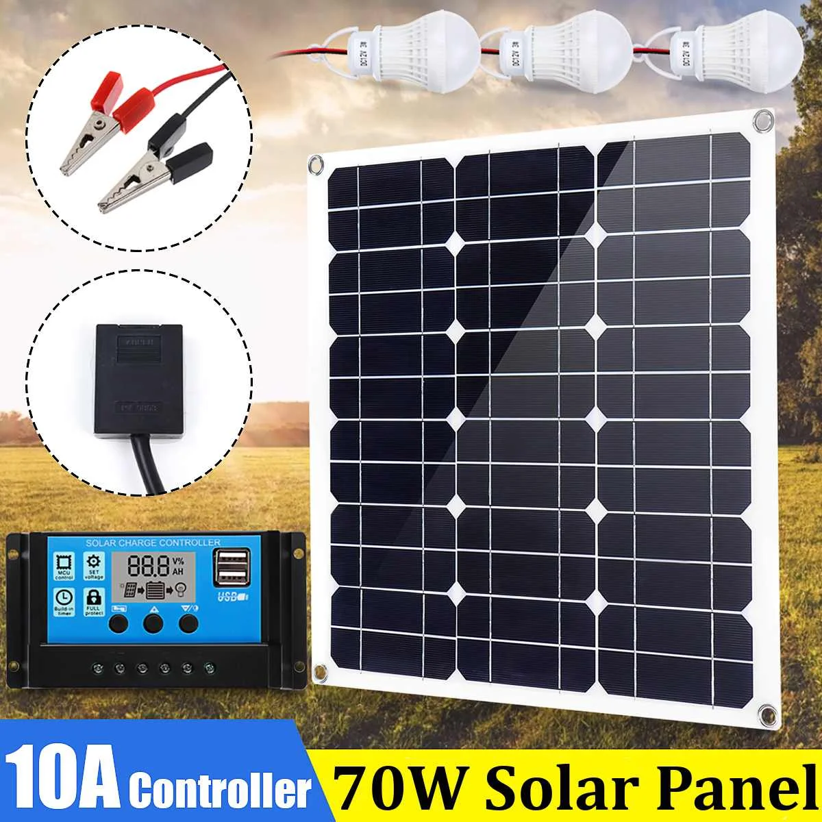 

70W Solar Panel 18V+12/24V 10A USB controller+3PCS 3W 12V Led Light Solar Charger Battery for Car Boat Solar System kits