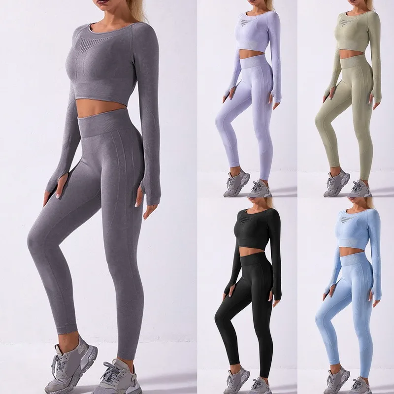 2021 Women Seamless Yoga Set Squat Proof High Waist O neck Gym Leggings ...