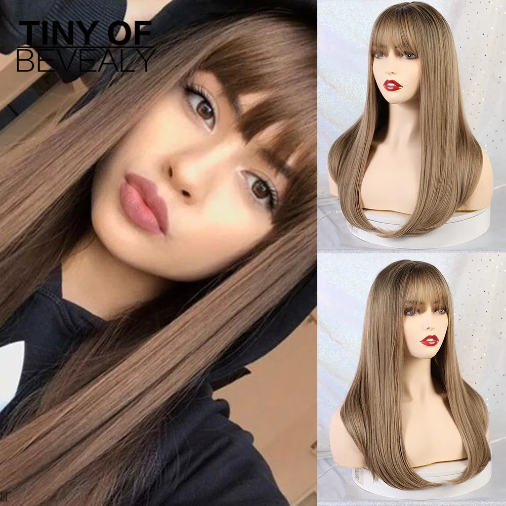 Long Straight Brown Wigs With Bangs Natural Synthetic Wigs for Women African American Cosplay Wigs Heat Resistant Fiber