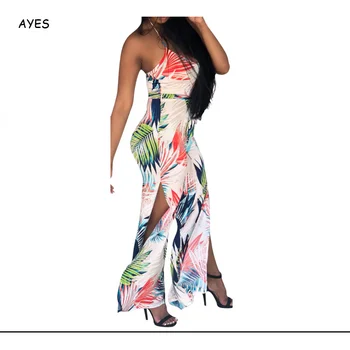 

Boho Floral Slim Jumpsuits Women 2019 Fashion Halter Sleeveless Sexy Side Slit Long Playsuits Summer Maxi Club Beach Jumpsuits