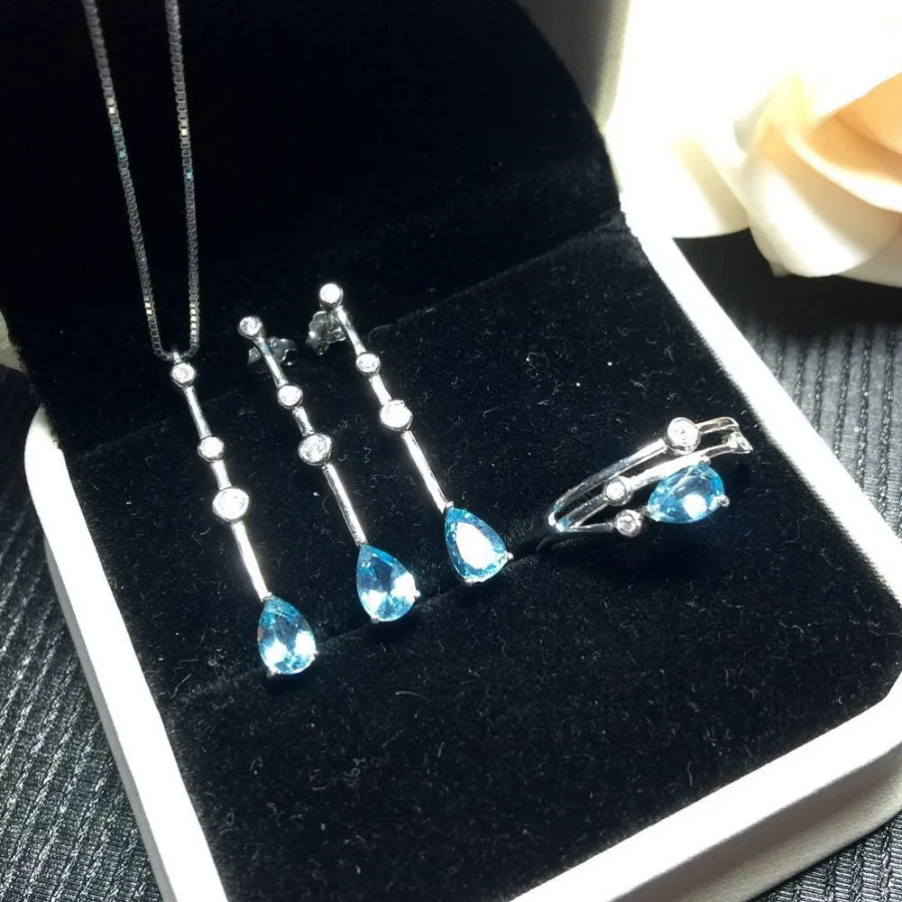 MeiBaPJ Classic Natural Blue Topaz Water Drop Jewelry Set 925 Silver 3 Suit Fine Wedding Jewelry