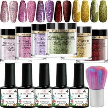 

MEET ACROSS 10ml Dipping Nail Powder Set Dip French Holographic Nail Glitter Without Lamp Cure Dip Nail Chrome Kit
