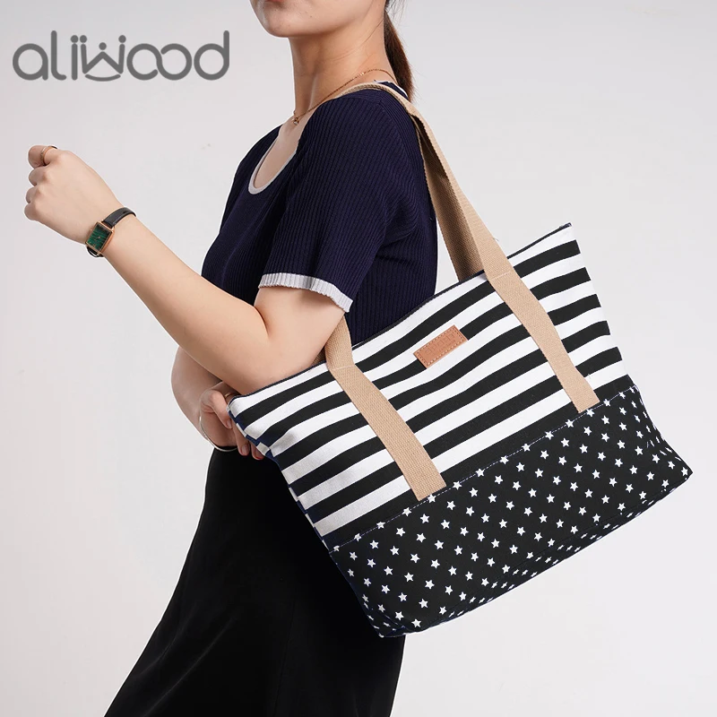 

aliwood New Canvas Tote Bag Black White Stripes Women's Large Capacity Shoulder Bag Handle Bag Lady Travel Shopping Bags Handbag