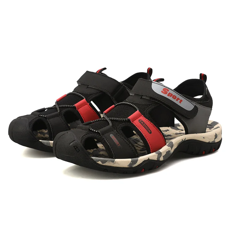 Black Red X/брендовые уличные модные пляжные сандалии камуфляжной расцветки; Мужская Летняя обувь с закрытым носком и пряжкой; мужские сандалии на плоской подошве; повседневные сандалии; hombre; - Цвет: Black Red