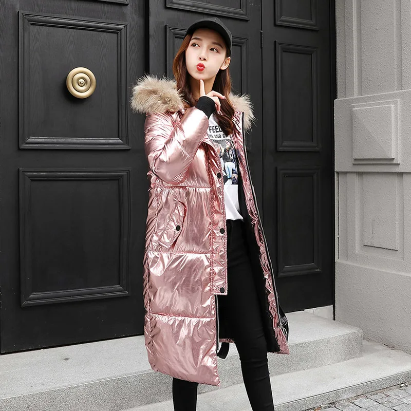 Зимняя женская блестящая пуховая куртка женская тонкая облегающая длинная пуховая куртка Толстая Меховая куртка с капюшоном Металлические куртки X9209 - Цвет: Rose Gold