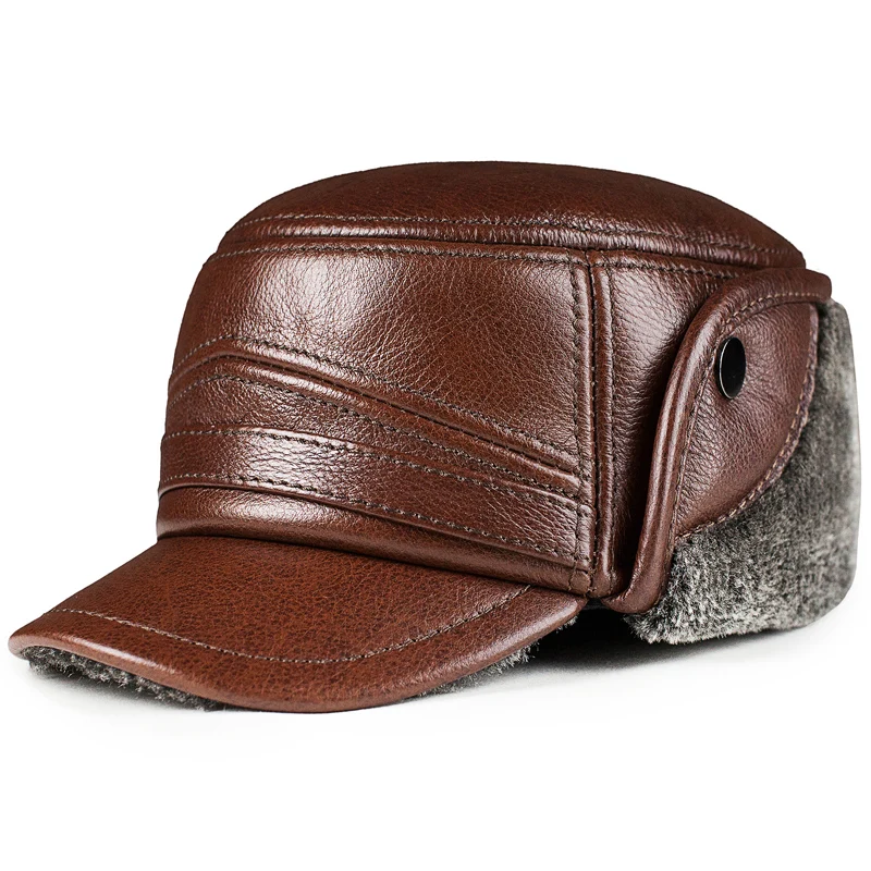 

H7693 Men Genuine Leather Visor Hat Winter Cowhide Warm Thick Ear Protection Flat Top Cap Middle Aged Male Outdoor Casual Hats