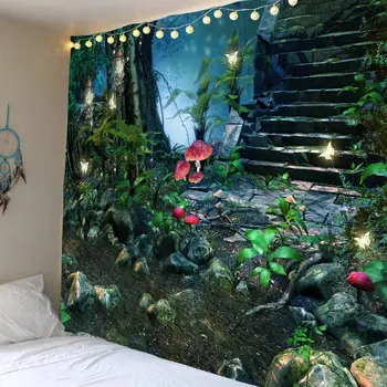 

Tapestry Landscape Mashroom Wall Hanging Outside Window Scenic For Home Decoration Forest Printing Design Rectangle 150cmx130cm