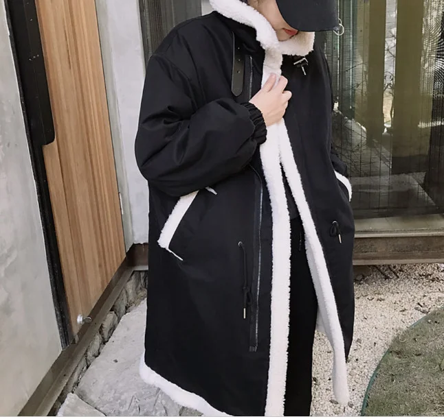 Вельветовое пальто из овечьей шерсти Женская зимняя длинная секция Корейская версия свободный мех ягненка хлопковая стеганая одежда Размер: S-4XL - Цвет: Черный