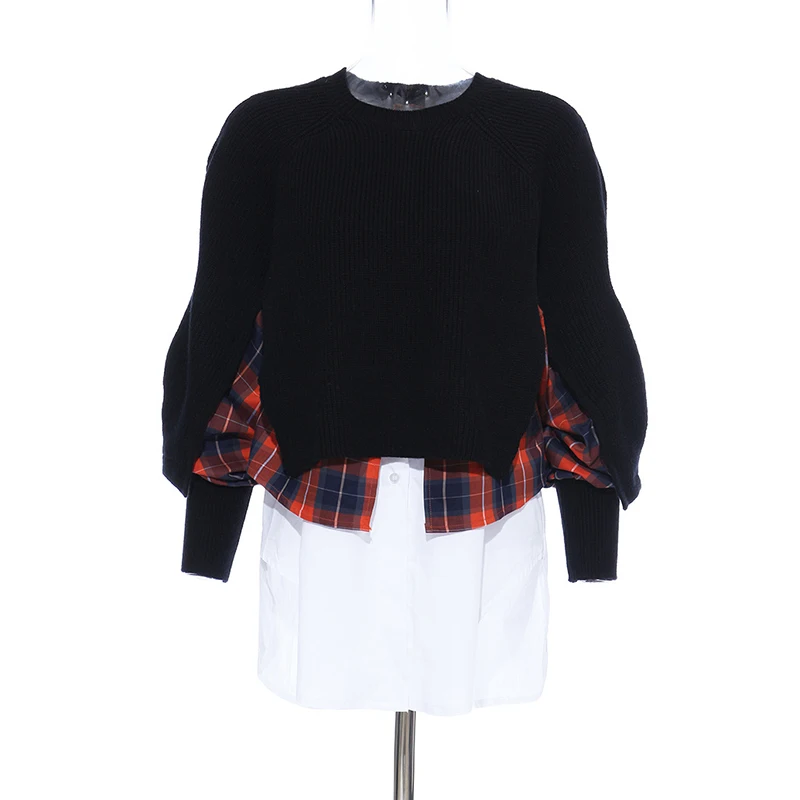 TWOTWINSTYLE Patchwork Striped Plaid Sweater For