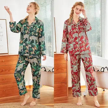 

New Classical Style leopards Pyjamas Women 2 Pcs Sets Pajama Satin Night Suits Thin Sleepwear Set Casual Pyjama Home Clothes