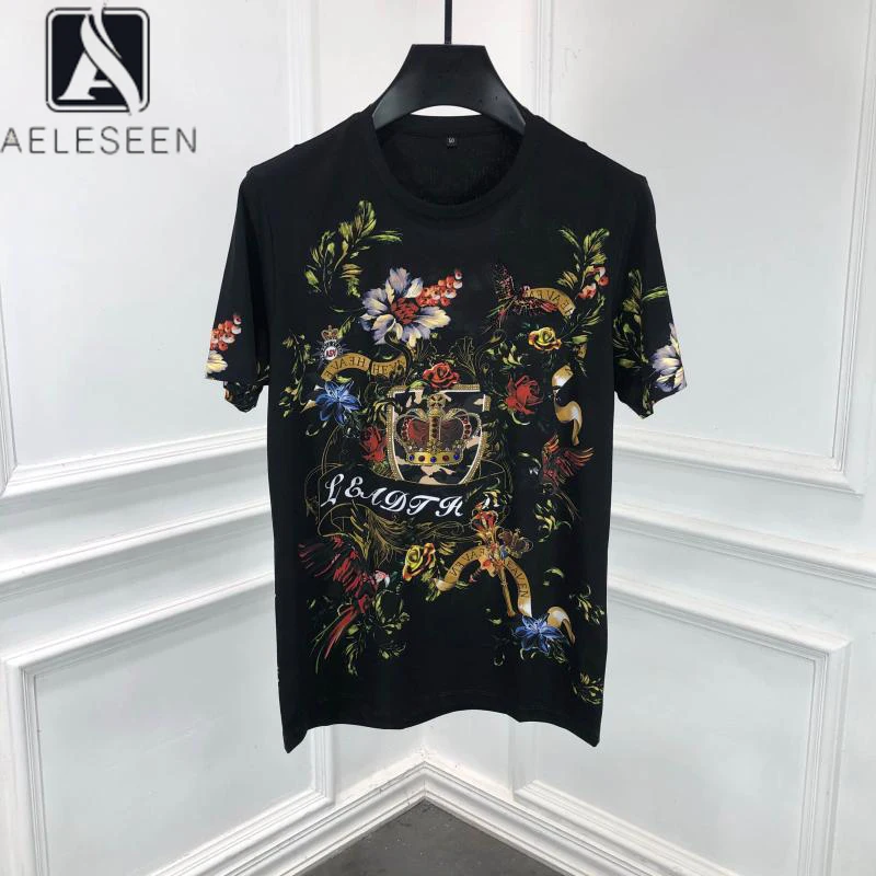 Женская футболка с цветочным принтом AELESEEN черно белая Повседневная Свободная