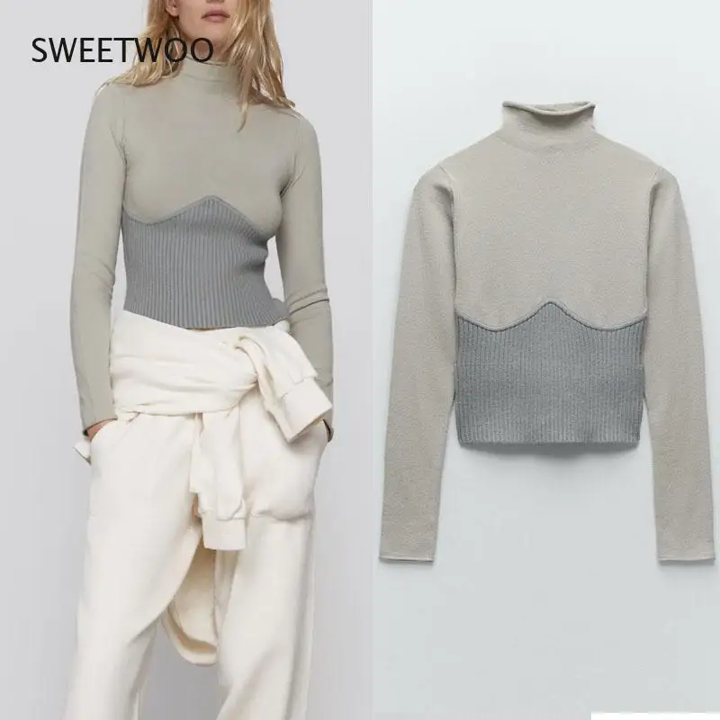 

2021 Women Winter Patchwork Turtleneck Knit Sweater 2020 Long Sleeve Pronounced Seam Slim Pullover Female Chic Knitted Top