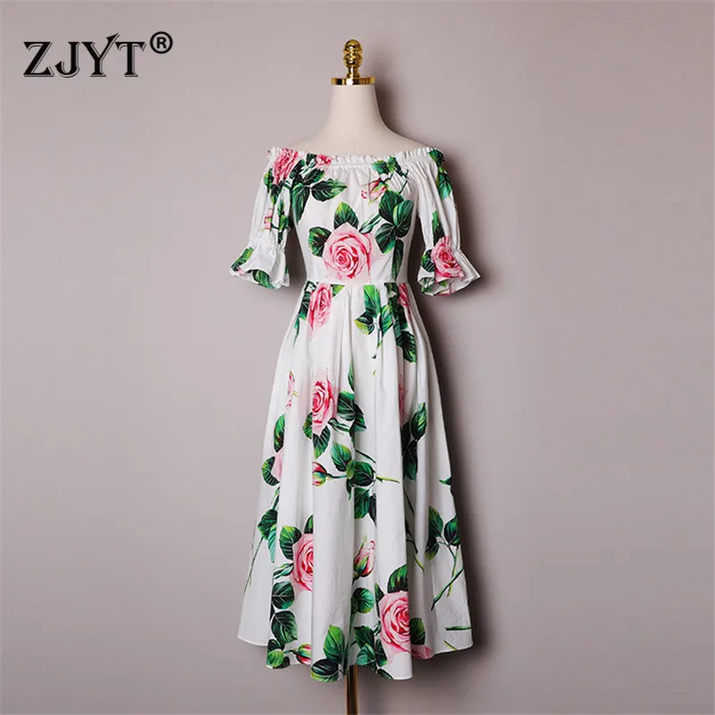 

Runway Fashion 2020 Spring Summer Dress Women Elegant Short Sleeve Slash Neck Floral Print Mid Calf Sexy Casual Holiday Dresses