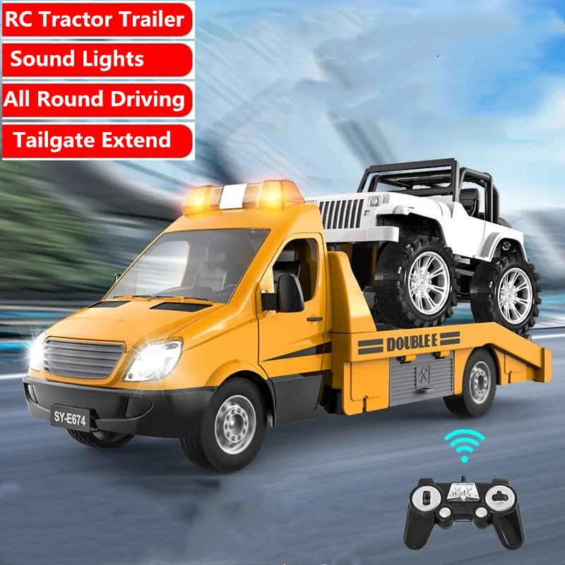 Rc Truck Trailer 2.4G High Simulation Rc Tractor Traffic Police Road Vehicle All Round Driving Sound Light Rc Road Wrecker Cars
