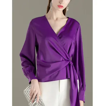 

Spring French sexy low collar silk chiffon shirt women's Lantern Sleeve lace up top irregular long sleeve shirt trend