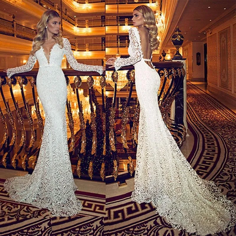 Sexy Diepe V-hals Lange Mouwen Mermaid Formele Vintage Kant Backless bruidsjurk 2018 vestido casamento moeder van de bruid jurken Sexy Diepe V-hals Lange Mouwen Mermaid Formele Vintage Kant Backless bruidsjurk 2018 vestido casamento moeder van de bruid jurken