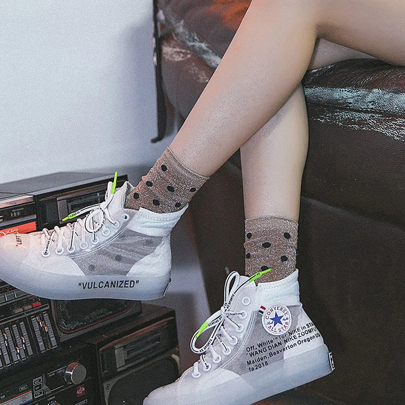 Осенние и зимние новые женские носки, модные милые золотые и серебряные хлопковые носки в горошек, спортивные трендовые короткие носки без пятки