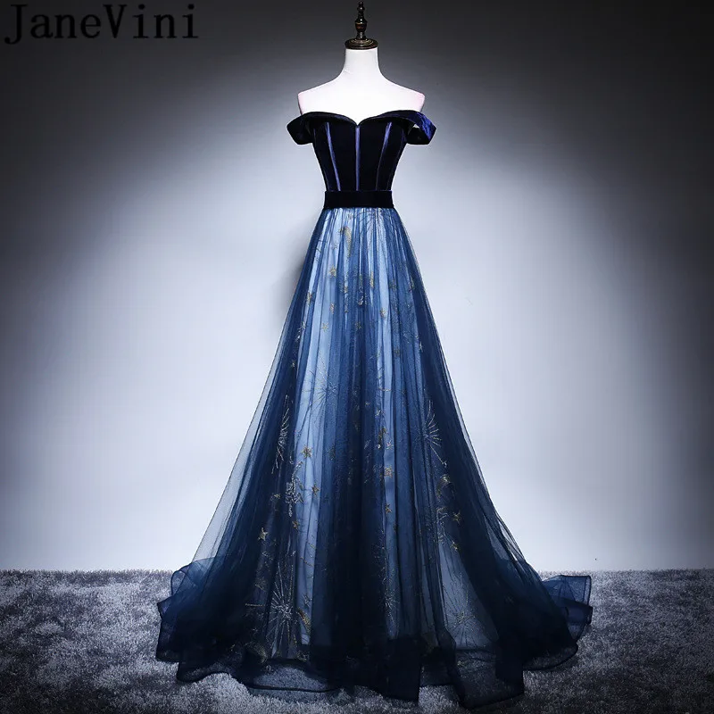 JaneVini Elegant Evening Dress Long Prom Dresses Off Shoulder Deep Blue Tulle Star Lace Velvet Party Gown Robe De Soiree