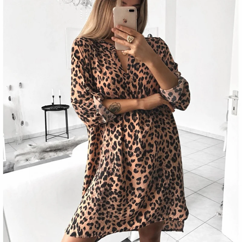 

Fashion Women Leopard T Shirt Dress Elegant Long Sleeve Party Club Dress V Neck OL Clothing Dames Robe Femme Vestidos Streetwear