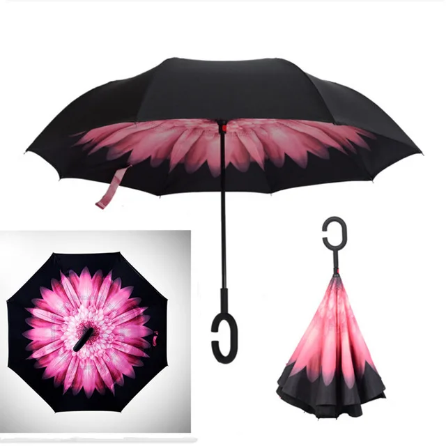 Ветрозащитный складной двухслойный перевернутый автомобильный зонт, самостоящий перевернутый вверх дном, Женский Зонт от дождя с ручкой, Прямая поставка - Цвет: as pic