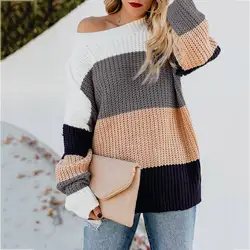 Женские пуловеры, трикотажный свитер, женский свитер с открытыми плечами, повседневный вязаный пуловер с v-образным вырезом, Свободный