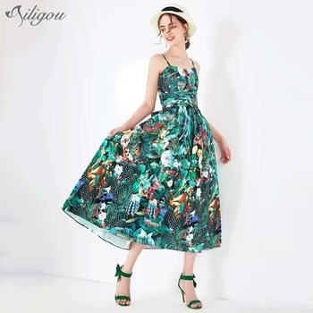 

Ailigou 2020 Summer New Printing Ladies Elegant Dress Spaghetti Belt Square Collar Sleeveless A-Line Belt Sexy Club Party Dress