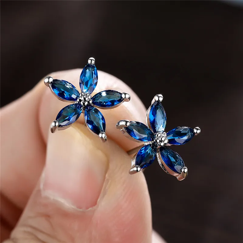 Blue Crystal Zircon Cute Star Small Stud Earrings Creative Pentagram Stone Earrings For Women Wedding Jewelry Girl Birthday Gift