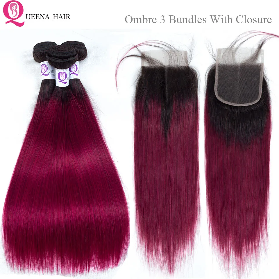 

Ombre straight hair bundles with closure Pre Plucked Brazilian colored Ombre 1B Burgundy Hair 3 Bundles with Closure baby hair