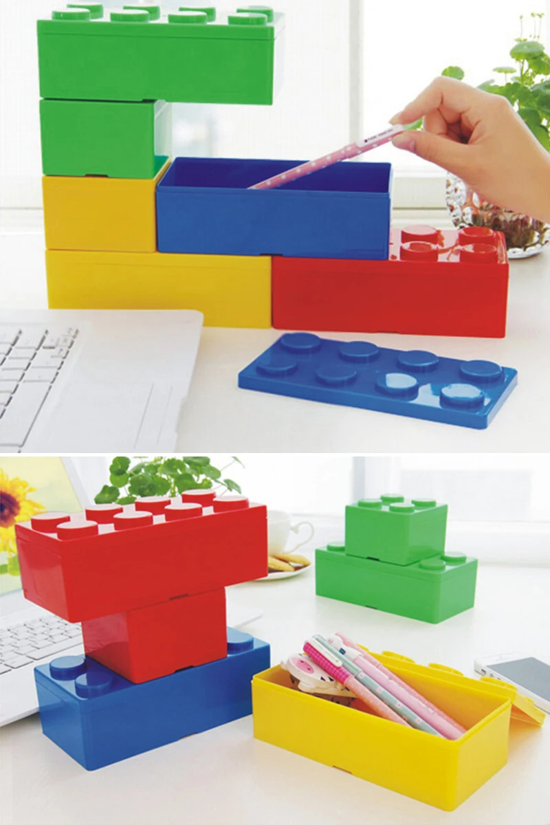 

1 pcs Desktop Office Stationery Cosmetics Building Block Plastic Forms Space Saving Stacked Creative Storage Box for household