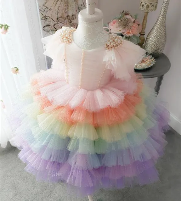 Радужной расцветки для девочек в цветочек платья Gilliter одежда с кружевами и жемчугом ленты, без рукавов, бальное платье для девочек Нарядные платья для первого причастия