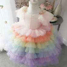 Радужной расцветки для девочек в цветочек платья Gilliter одежда с кружевами и жемчугом ленты, без рукавов, бальное платье для девочек Нарядные платья для первого причастия