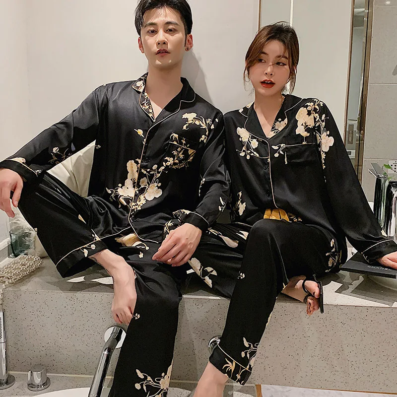 Black Print Flower Pajamas Set Women Spring Satin Silk Sleepwear Couple Sleep Set Nightwear Loose Casual Plus Size Pijamas Suit
