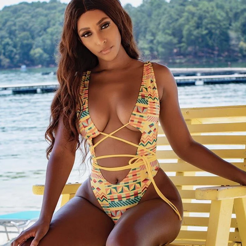 

Strings Wrap One Piece Swimsuit Plunge Bandage Swimwear Women Strappy Bathing Suit High Cut Monokini Bodysuit Sexy Swimsuit 2020