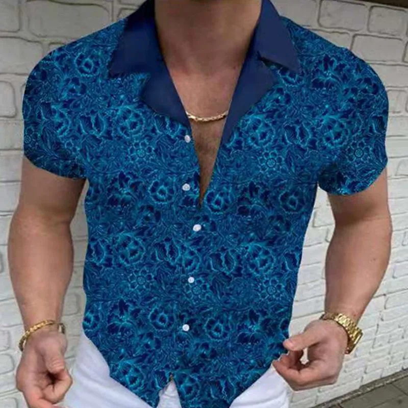Summer New Men's Clothing European American Retro Trend Shirt Cardigan Single-Breasted Men's Short Sleeve Printing Shirt Summer New Men's Clothing European American Retro Trend Shirt Cardigan Single-Breasted Men's Short Sleeve Printing Shirt