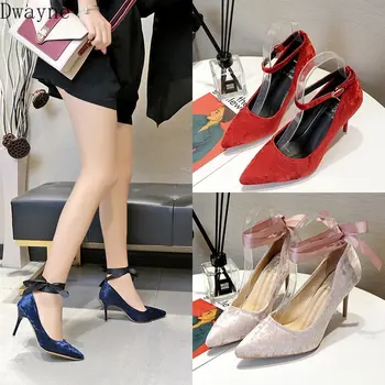 

2020 spring new bow suede fine heel pointed straps single shoes women