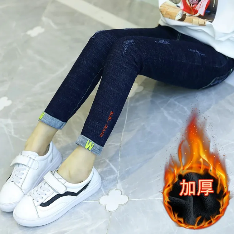 

Girls plus Velvet Jeans 2019 Fall And Winter Clothes New Style Korean-style Western Style Trousers Middle And Large Children Thi