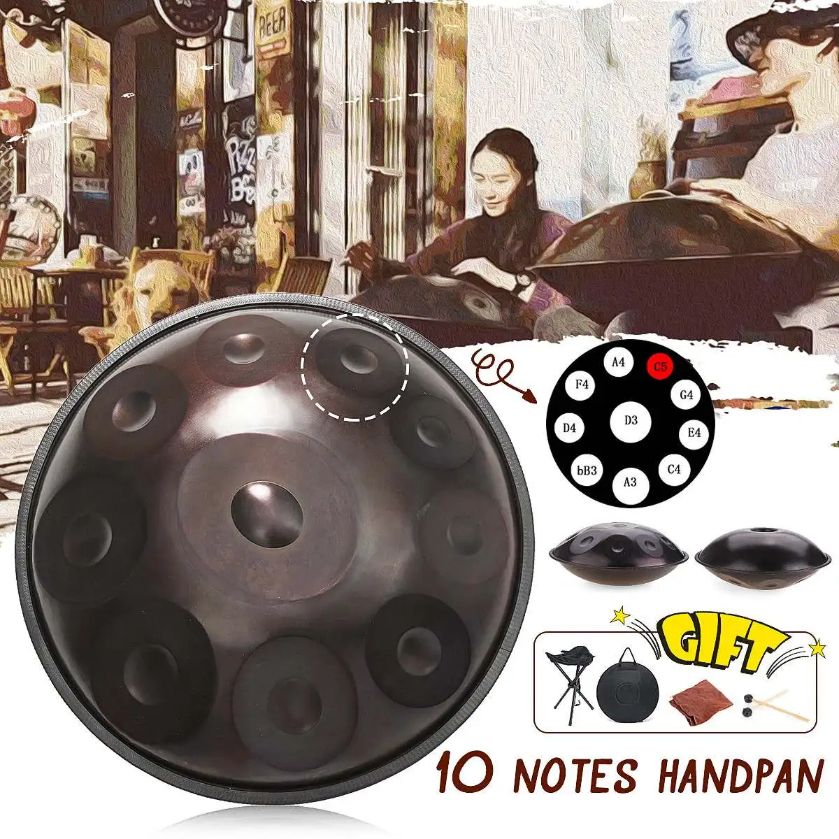 

22 inch 10 Notes Carbon Steel Handmade Performance Hand Drum 56cm Hand Drum 10 Tones Percussion Musical Instruments Drum Gift