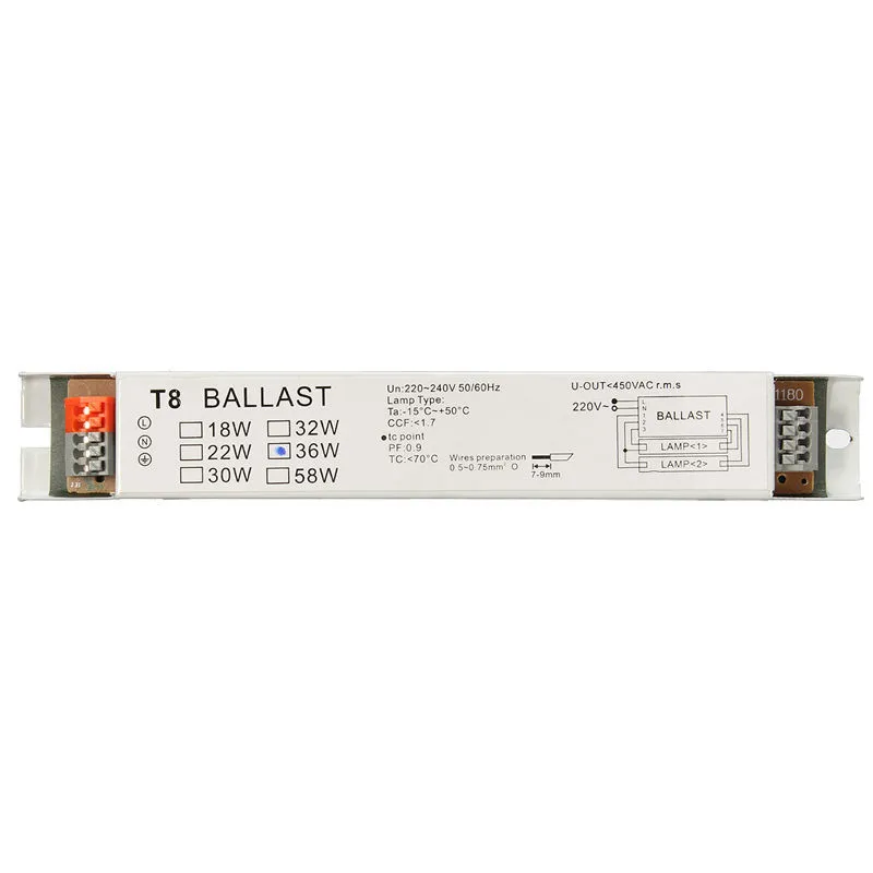 Ballast électronique à large tension T8, ballasts de lampe structurels ente, 220-240V AC, 2x18W, 2x30W, 2x36W, 2x58W