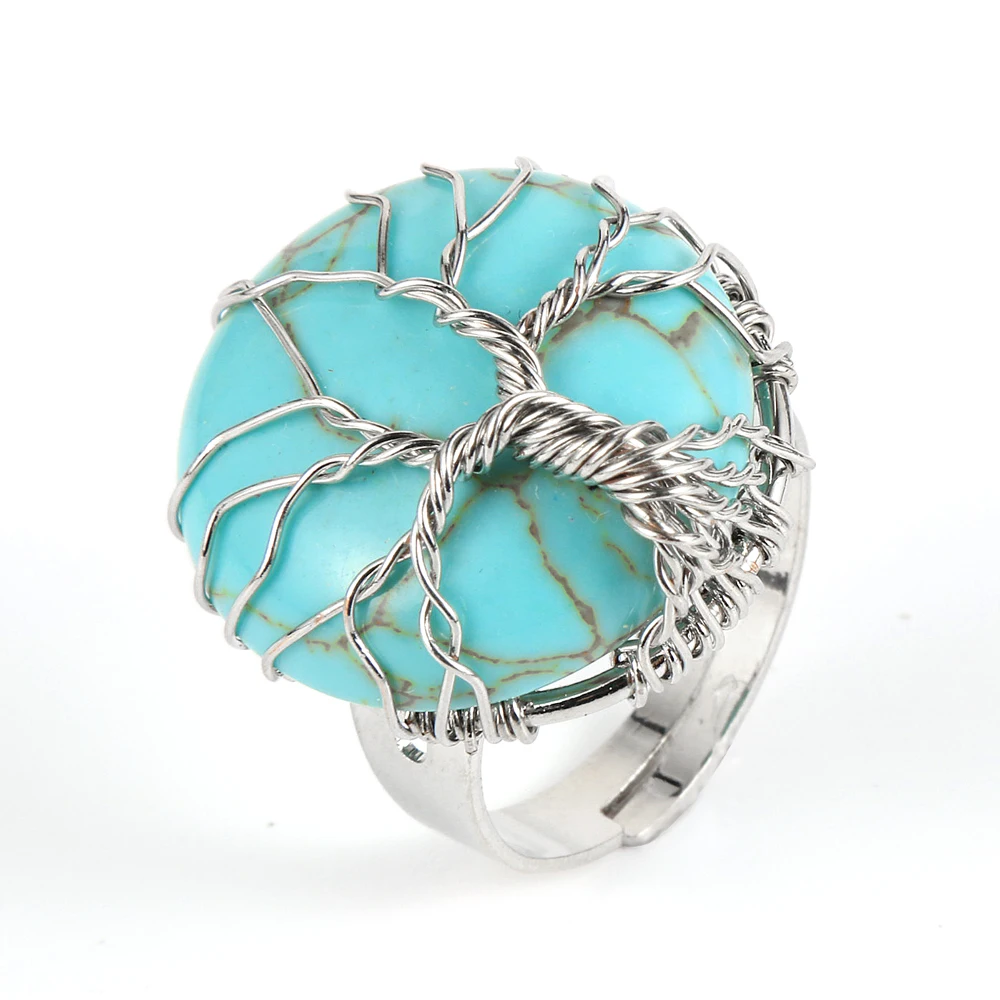 

Women Men Natural Stone Tiger Eye Turquoises Cabochon Gem Stone Rings Tree of Life Wire Wrap Open Resizable Finger Ring Jewelry