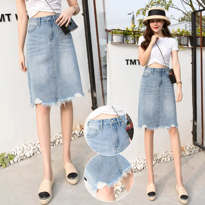 

Photo Shoot 2020 Spring Denim Skirt Mid-length A- line Short Skirt High-waisted over-the-Knee Sheath Irregular Skirt